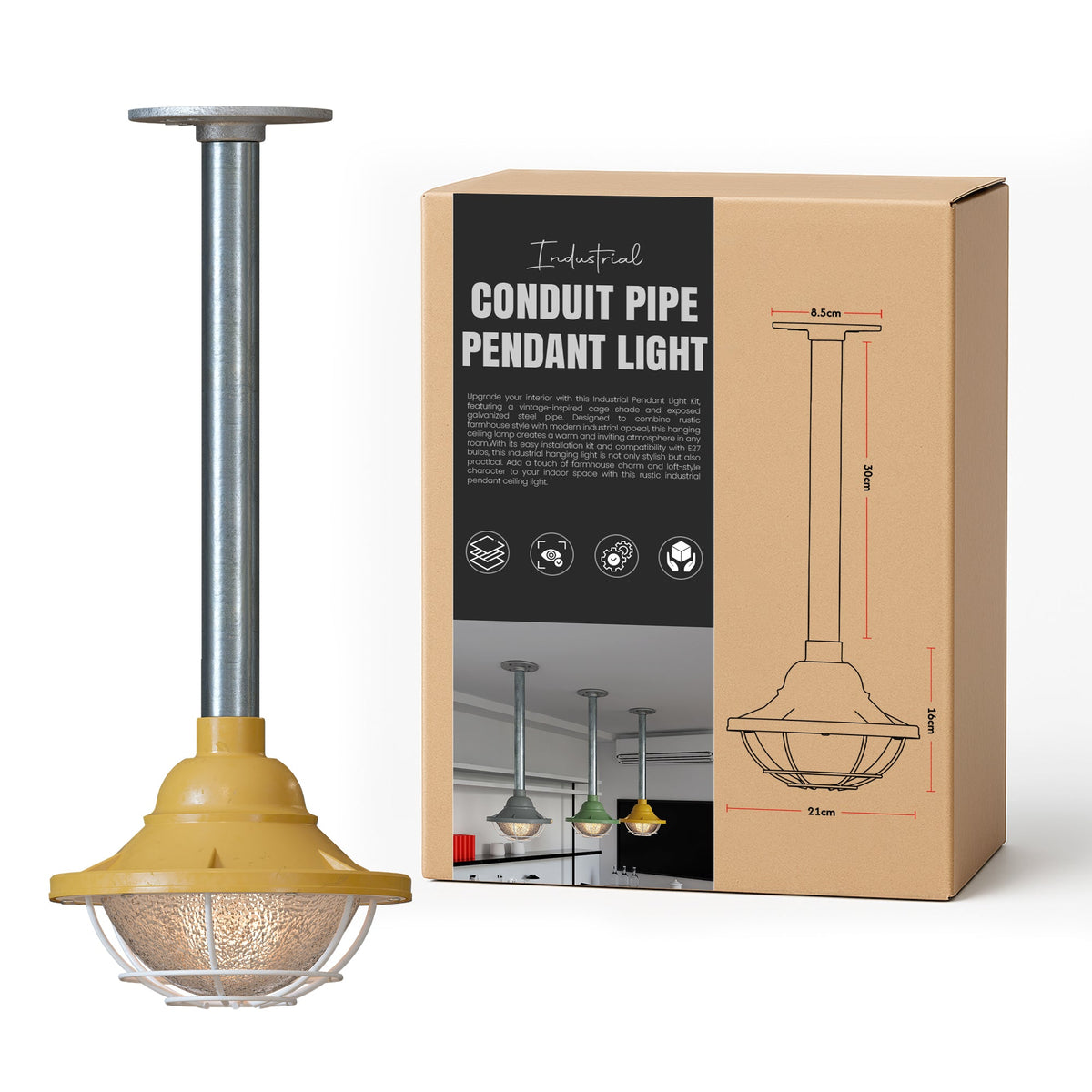 Conduit Pipe Pendant Light with Lantern Cage – Galvanised, E27 - Standard, Lantern Cage 21 cm Yellow, 30 cm Pipe, Without Bulb