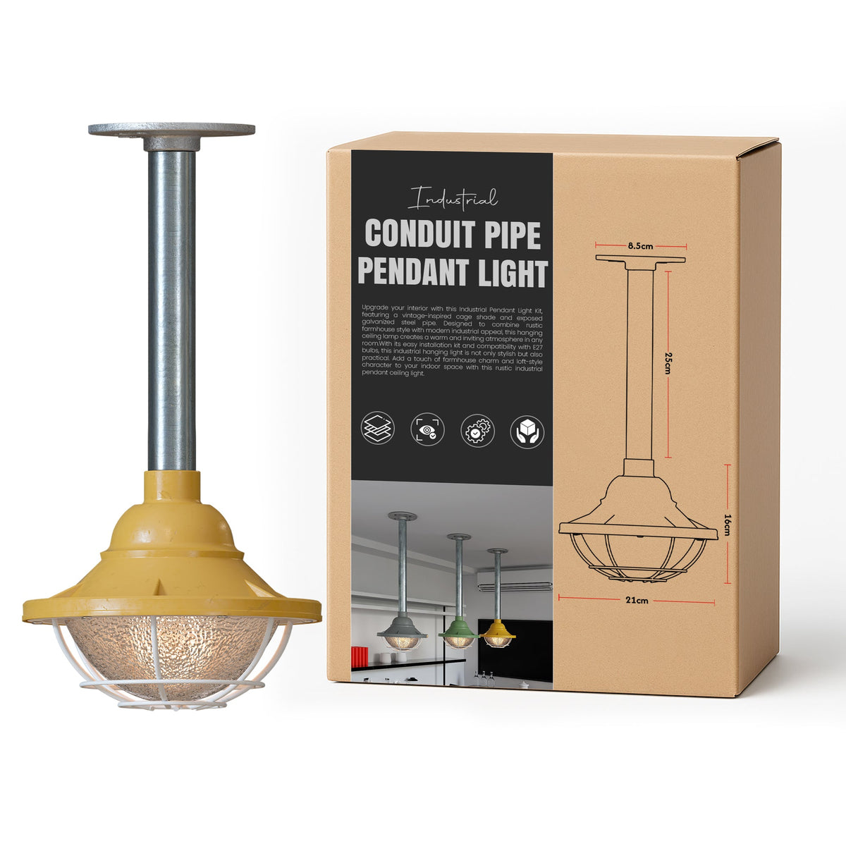 Conduit Pipe Pendant Light with Lantern Cage – Galvanised, E27