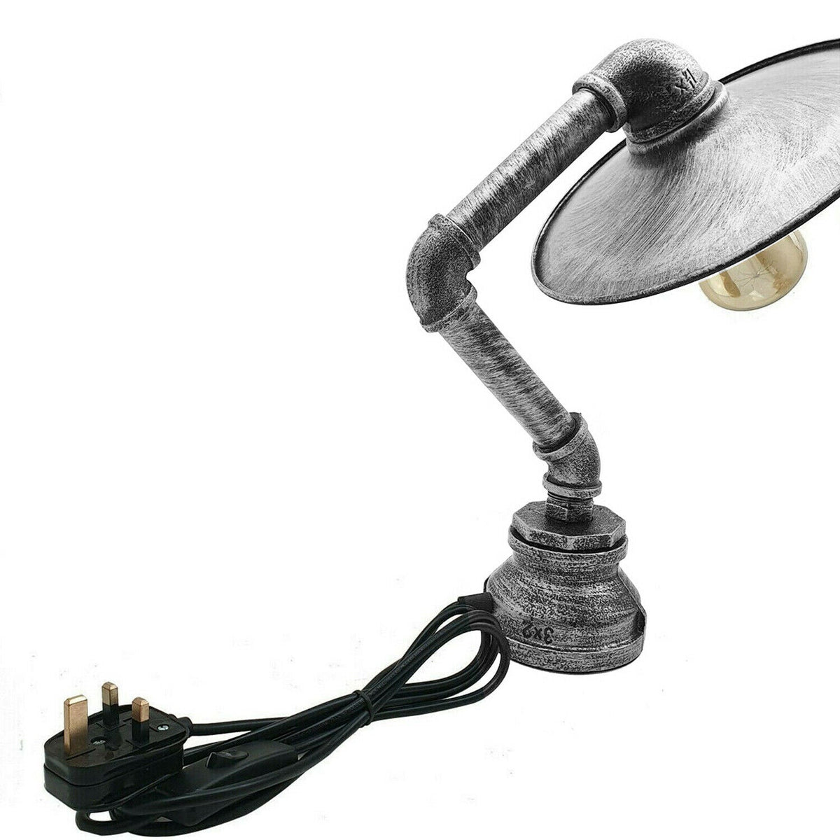 Industrial Pipe Table Lamp with Flat Shade Brushed Silver E27 - photo 3