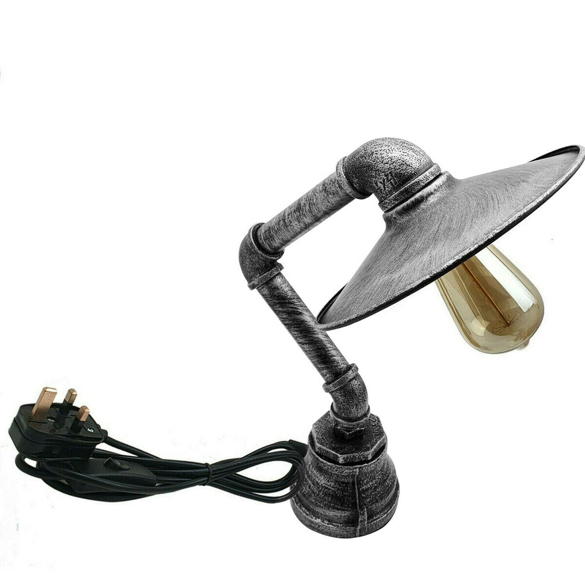 Industrial Pipe Table Lamp with Flat Shade Brushed Silver E27 - photo 4