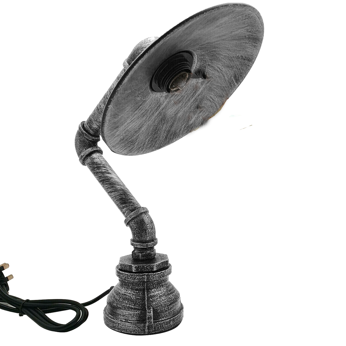 Industrial Pipe Table Lamp with Flat Shade Brushed Silver E27 - Brushed Silver, Without Bulb