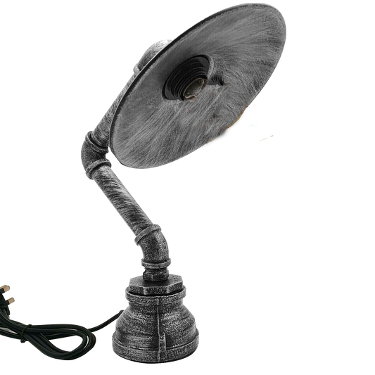 Industrial Pipe Table Lamp with Flat Shade Brushed Silver E27 - Brushed Silver, Without Bulb