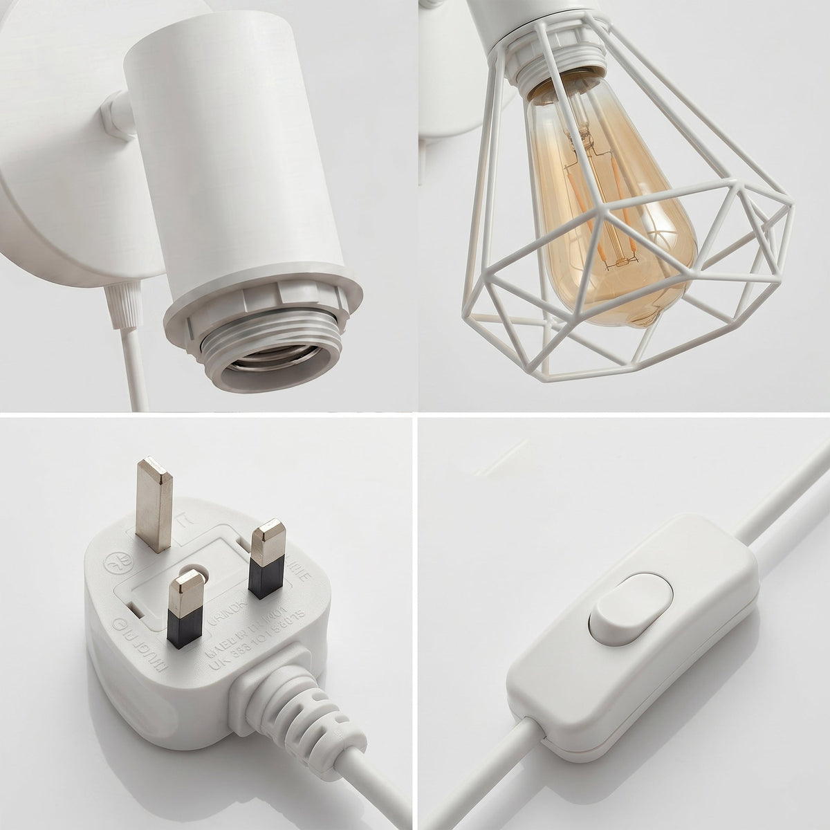 Plug-In Wall Light with Diamond Cage, Switch & ST64 Bulb – White - photo 2