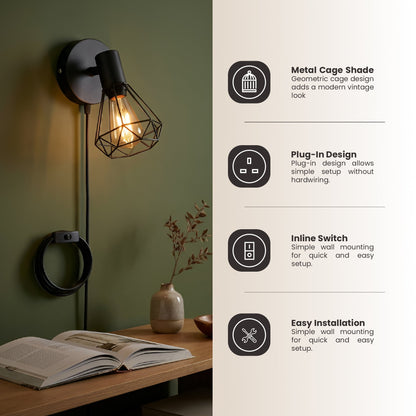 Plug-In Wall Light with Diamond Cage, Switch & ST64 Bulb – Black - photo 3
