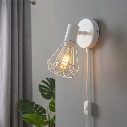 Plug-In Wall Light with Diamond Cage, Switch & ST64 Bulb – White - photo 4