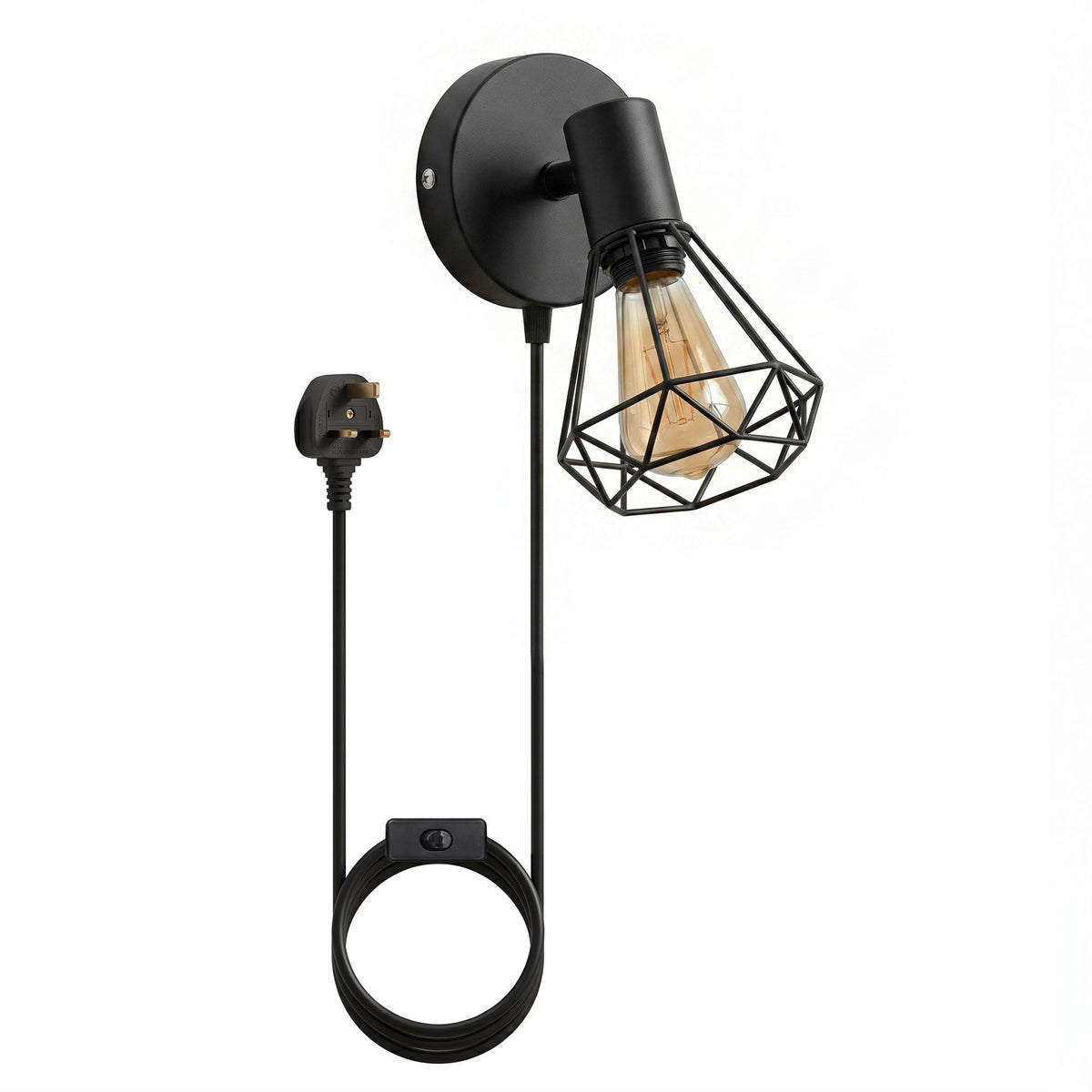 Plug-In Wall Light with Diamond Cage, Switch & ST64 Bulb – Black