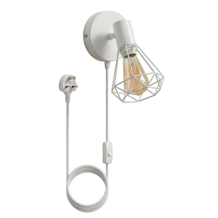 Plug-In Wall Light with Diamond Cage, Switch & ST64 Bulb – White