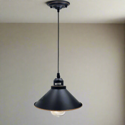 Industrial Pendant Light – Black & Gold Line Shade, 22 cm, E27 - Black, Flat Cone 22 cm Black & Gold Line, Without Bulb