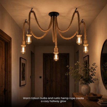 5-Light Hemp Rope Spider Pendant – Ceiling Hooks, E27 - photo 9