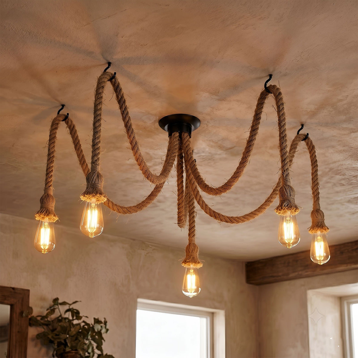 5-Light Hemp Rope Spider Pendant – Ceiling Hooks, E27 - photo 2