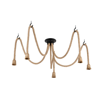 5-Light Hemp Rope Spider Pendant – Ceiling Hooks, E27 - Hemp, No Shade, with 5 Ceiling Hooks, Without Bulb