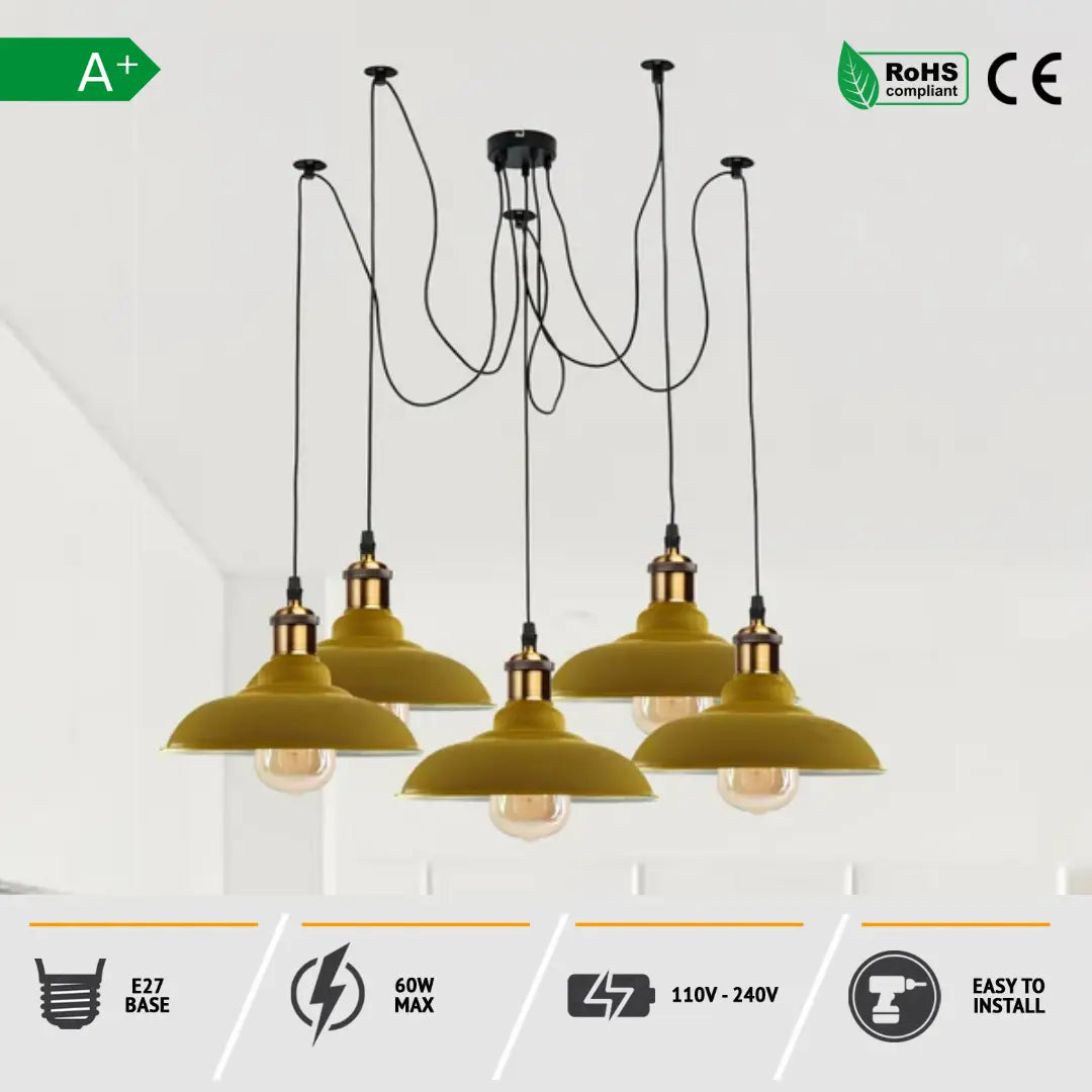 5-Light Spider Pendant – Metal Shades or Cages, Many Colours, E27 - photo 4