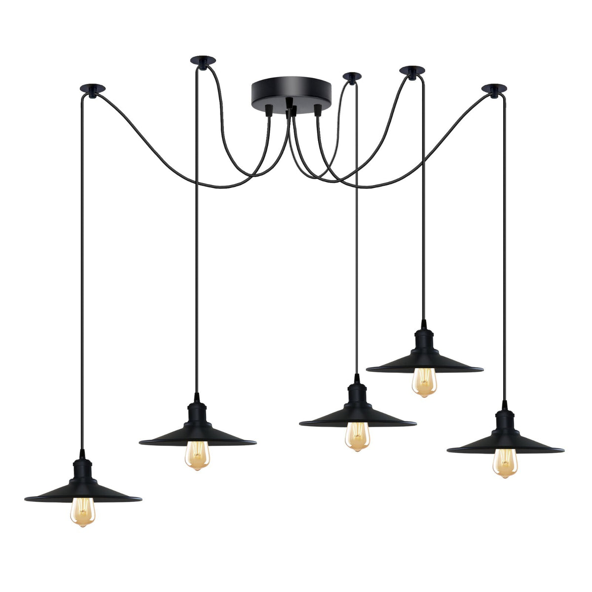 5-Light Spider Pendant – Metal Shades or Cages, Many Colours, E27 - Black, Flat Black, Without Bulb