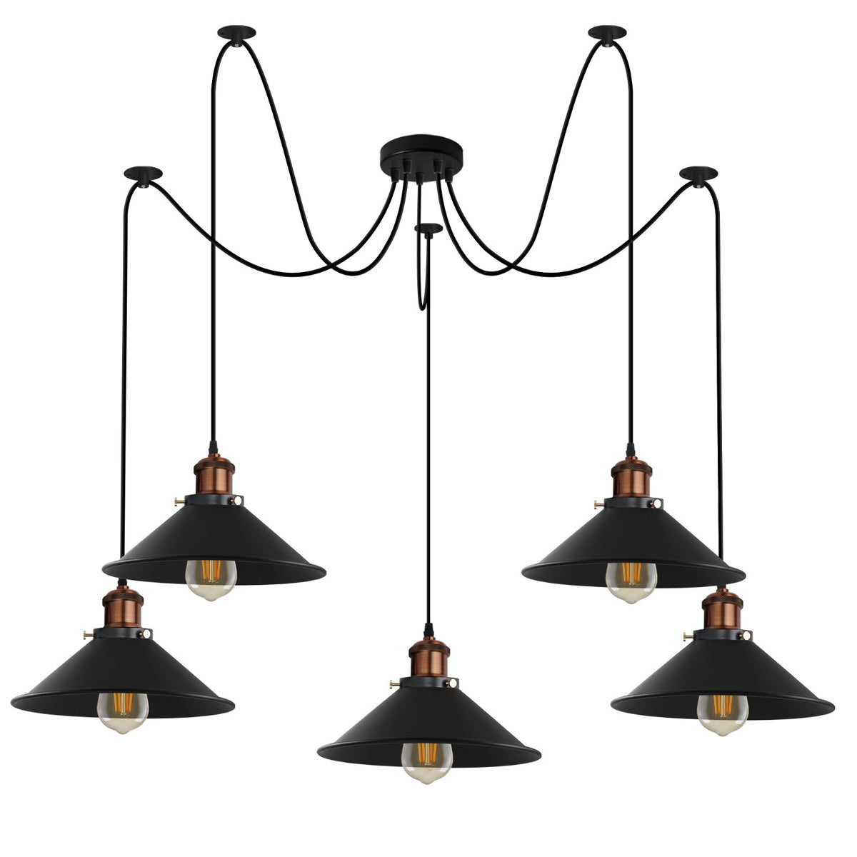 5-Light Spider Pendant – Metal Shades or Cages, Many Colours, E27 - Copper, Flat Cone 22 cm Black, Without Bulb
