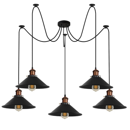 5-Light Spider Pendant – Metal Shades or Cages, Many Colours, E27 - Copper, Flat Cone 22 cm Black, Without Bulb