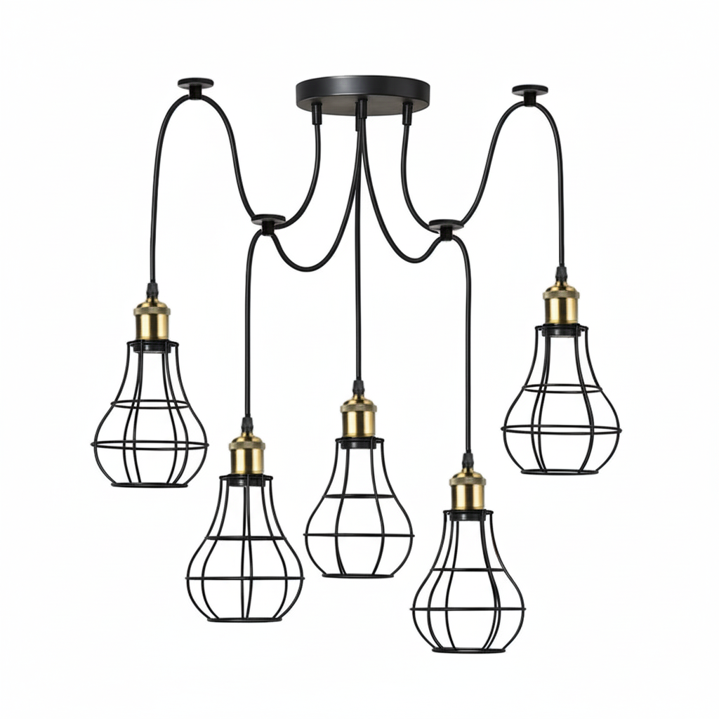 5-Light Spider Pendant – Metal Shades or Cages, Many Colours, E27 - Yellow Brass, Balloon Cage Black, Without Bulb
