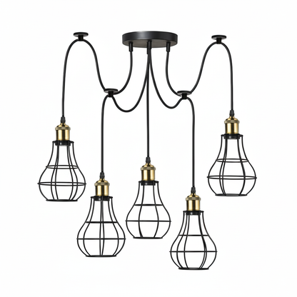 5-Light Spider Pendant – Metal Shades or Cages, Many Colours, E27 - Yellow Brass, Balloon Cage Black, Without Bulb