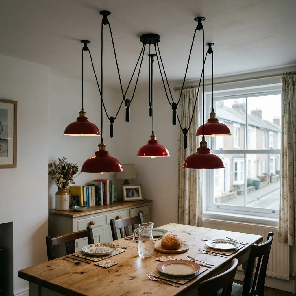 5-Light Spider Pendant – Metal Shades or Cages, Many Colours, E27 - Yellow Brass, Curvy 29 cm Red, Without Bulb