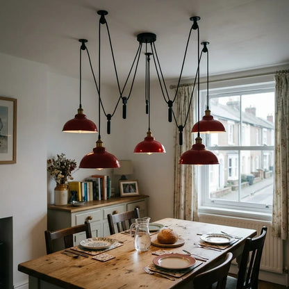 5-Light Spider Pendant – Metal Shades or Cages, Many Colours, E27 - Yellow Brass, Curvy 29 cm Red, Without Bulb