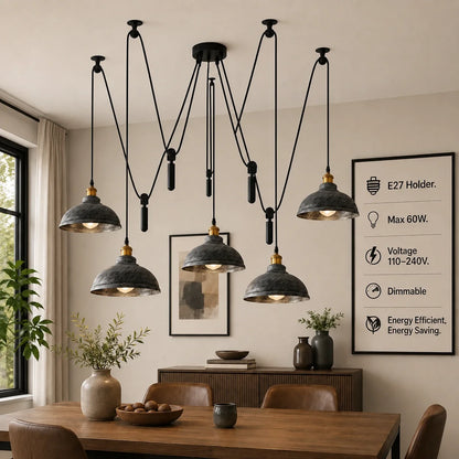 5-Light Spider Pendant – Metal Shades or Cages, Many Colours, E27 - Yellow Brass, Curvy 29 cm Brushed Silver, Without Bulb