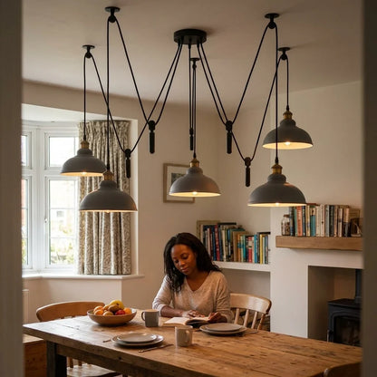 5-Light Spider Pendant – Metal Shades or Cages, Many Colours, E27 - Yellow Brass, Curvy 29 cm Grey, Without Bulb