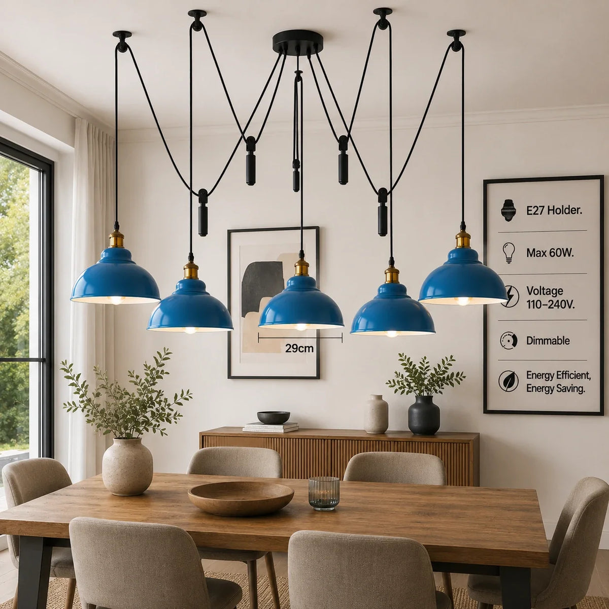 5-Light Spider Pendant – Metal Shades or Cages, Many Colours, E27 - Yellow Brass, Curvy 29 cm Blue, Without Bulb