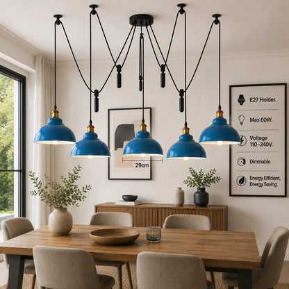 5-Light Spider Pendant – Metal Shades or Cages, Many Colours, E27 - Yellow Brass, Curvy 29 cm Blue, Without Bulb
