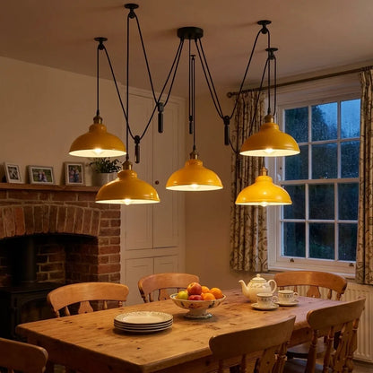 5-Light Spider Pendant – Metal Shades or Cages, Many Colours, E27 - Yellow Brass, Curvy 29 cm Yellow, Without Bulb