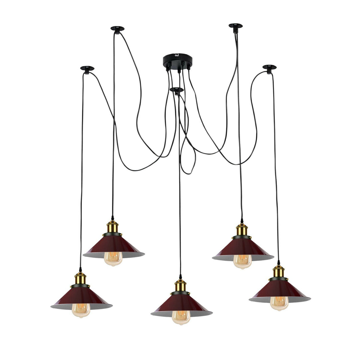 5-Light Spider Pendant – Metal Shades or Cages, Many Colours, E27 - Yellow Brass, Flat Cone 22 cm Burgundy, Without Bulb