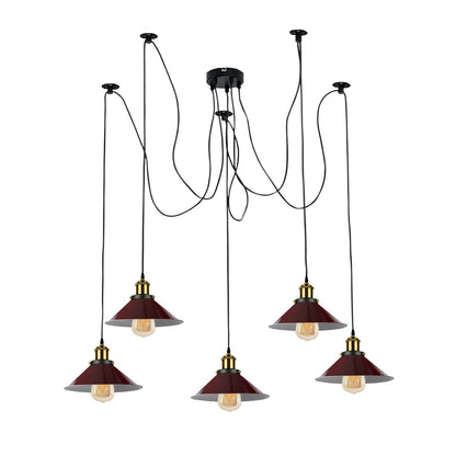 5-Light Spider Pendant – Metal Shades or Cages, Many Colours, E27 - Yellow Brass, Flat Cone 22 cm Burgundy, Without Bulb