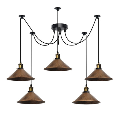 5-Light Spider Pendant – Metal Shades or Cages, Many Colours, E27 - Yellow Brass, Flat Cone 22 cm Brushed Copper, Without Bulb
