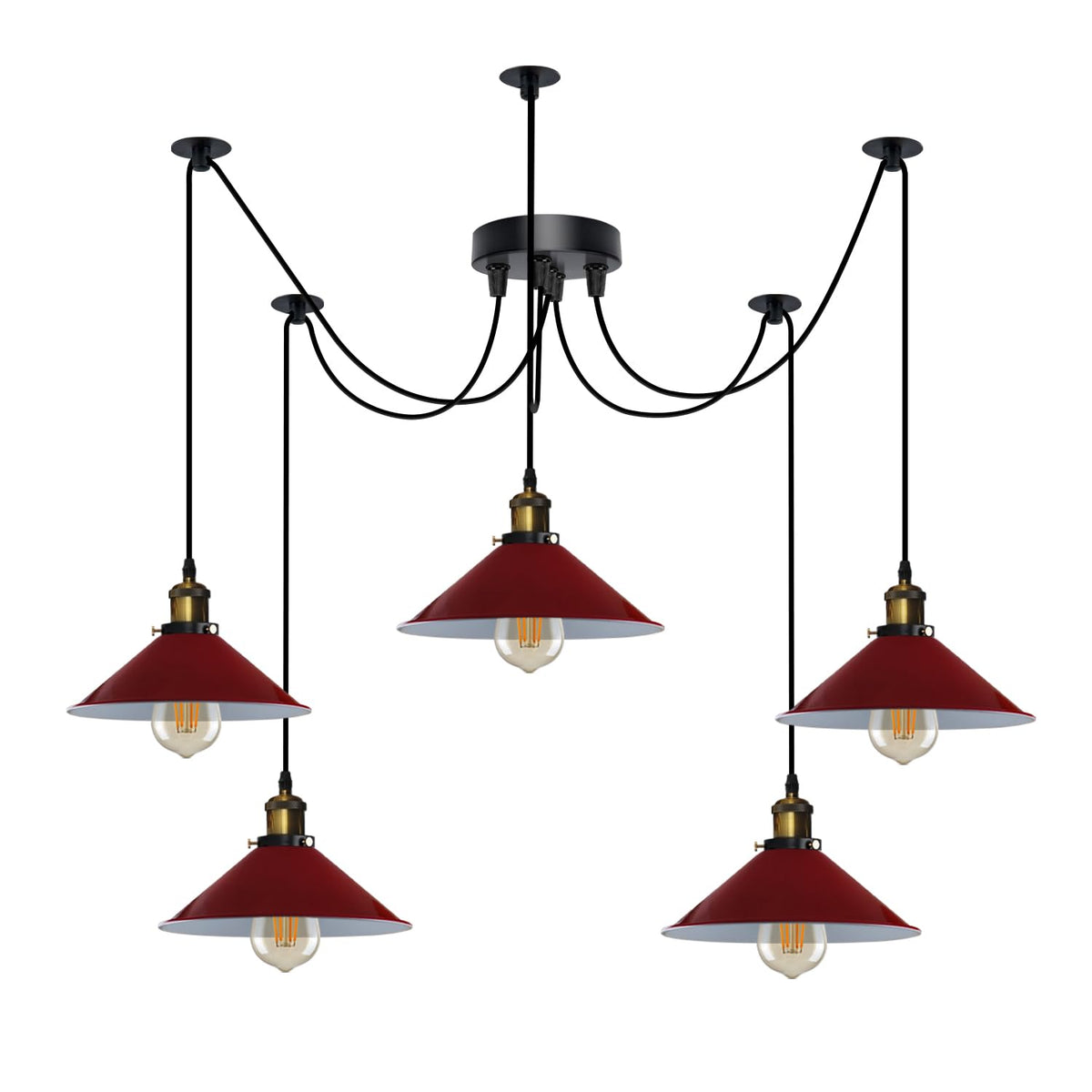 5-Light Spider Pendant – Metal Shades or Cages, Many Colours, E27 - Yellow Brass, Flat Cone 22 cm Red 120 mm Rose Hook Shade Ring, Without Bulb