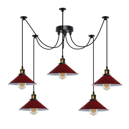 5-Light Spider Pendant – Metal Shades or Cages, Many Colours, E27 - Yellow Brass, Flat Cone 22 cm Red 120 mm Rose Hook Shade Ring, Without Bulb