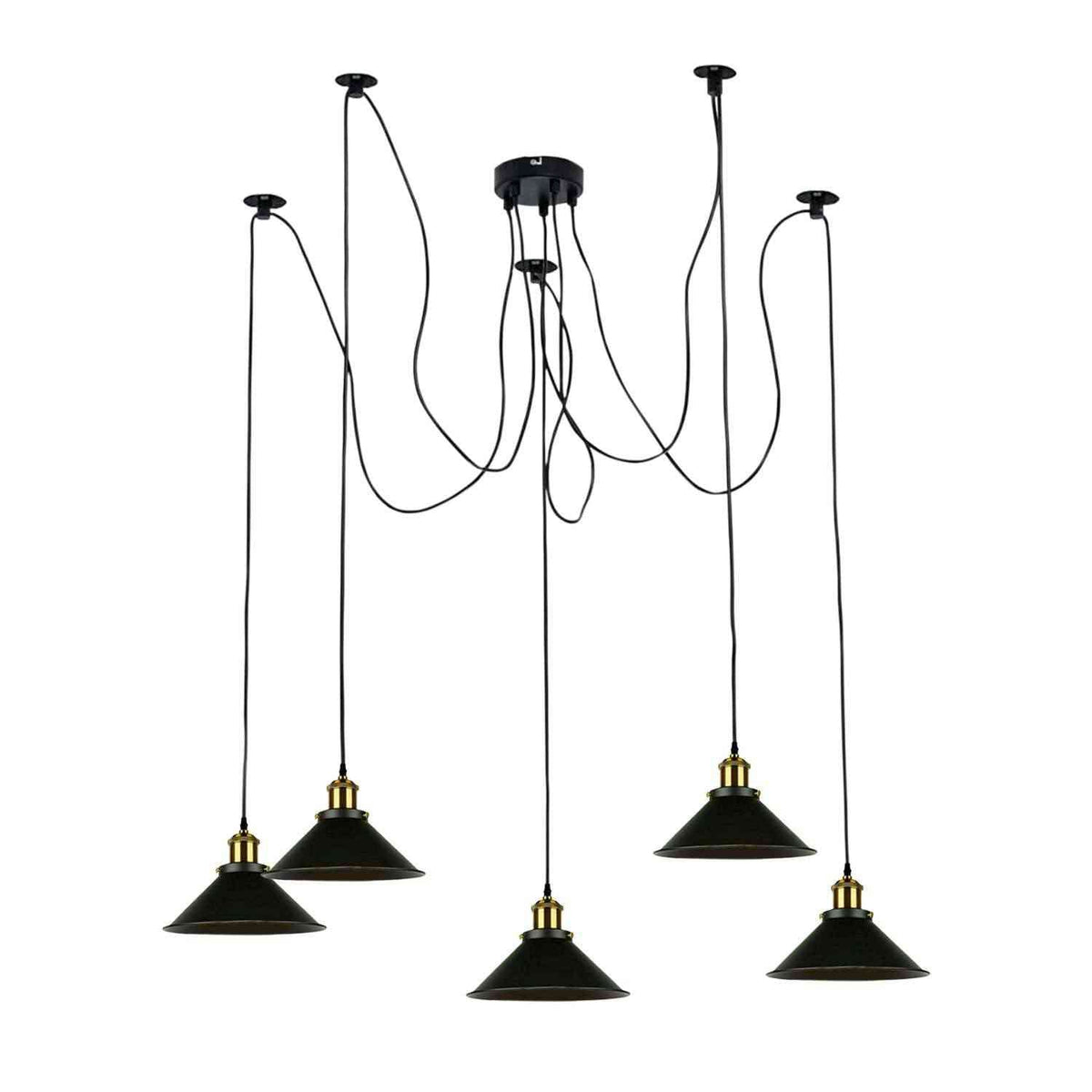 5-Light Spider Pendant – Metal Shades or Cages, Many Colours, E27 - Yellow Brass, Flat Cone 22 cm Black, Without Bulb