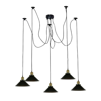 5-Light Spider Pendant – Metal Shades or Cages, Many Colours, E27 - Yellow Brass, Flat Cone 22 cm Black, Without Bulb