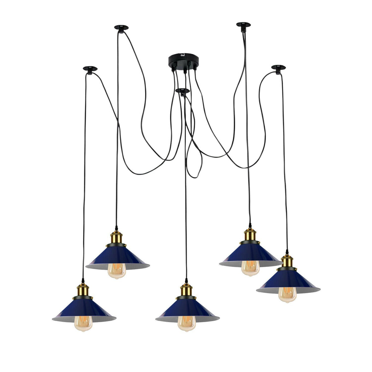 5-Light Spider Pendant – Metal Shades or Cages, Many Colours, E27 - Yellow Brass, Flat Cone 22 cm Navy Blue, Without Bulb