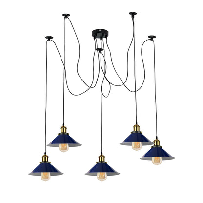 5-Light Spider Pendant – Metal Shades or Cages, Many Colours, E27 - Yellow Brass, Flat Cone 22 cm Navy Blue, Without Bulb