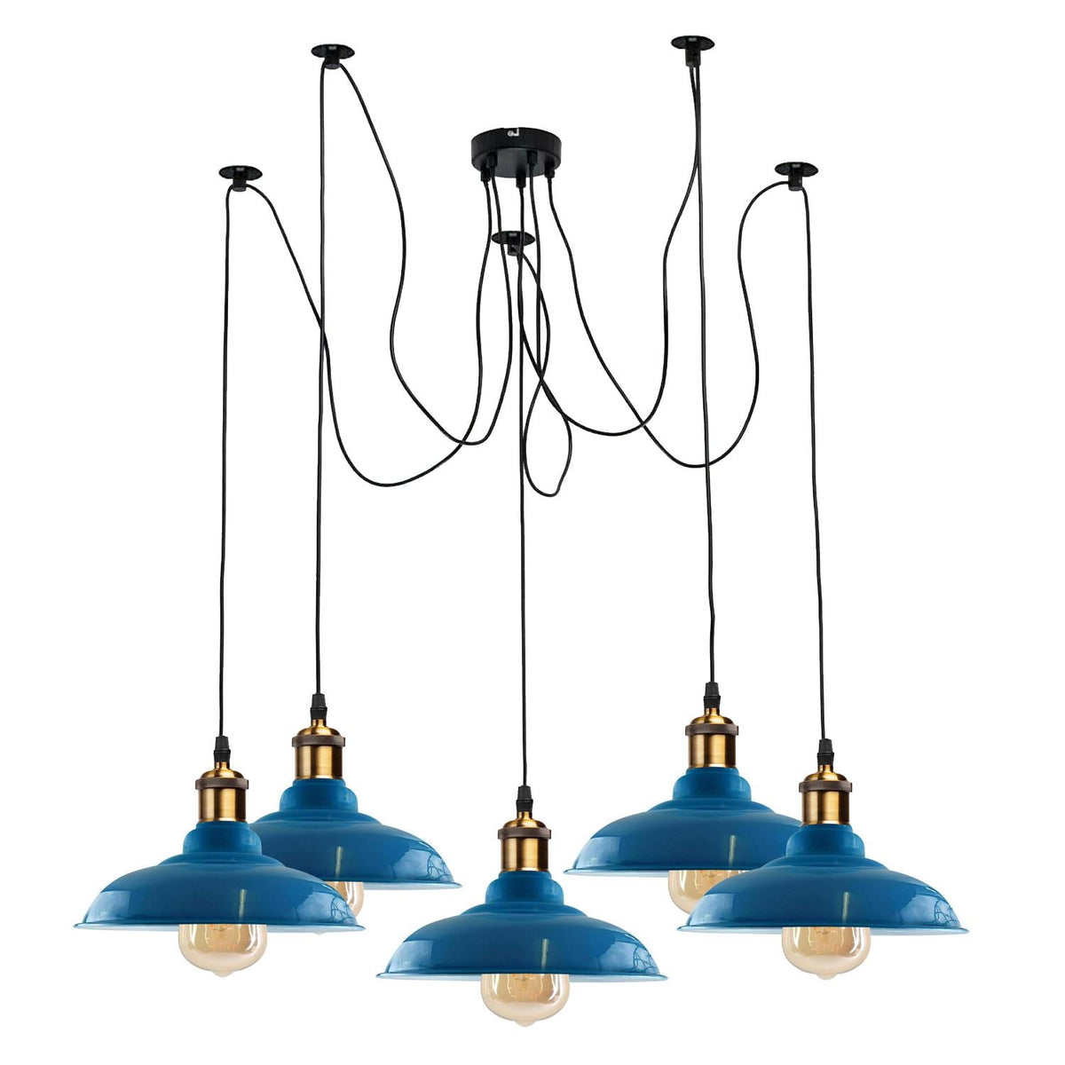 5-Light Spider Pendant – Metal Shades or Cages, Many Colours, E27 - Yellow Brass, Gloss Metal 32 cm Light Blue, Without Bulb