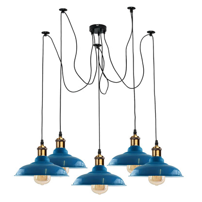 5-Light Spider Pendant – Metal Shades or Cages, Many Colours, E27 - Yellow Brass, Gloss Metal 32 cm Light Blue, Without Bulb