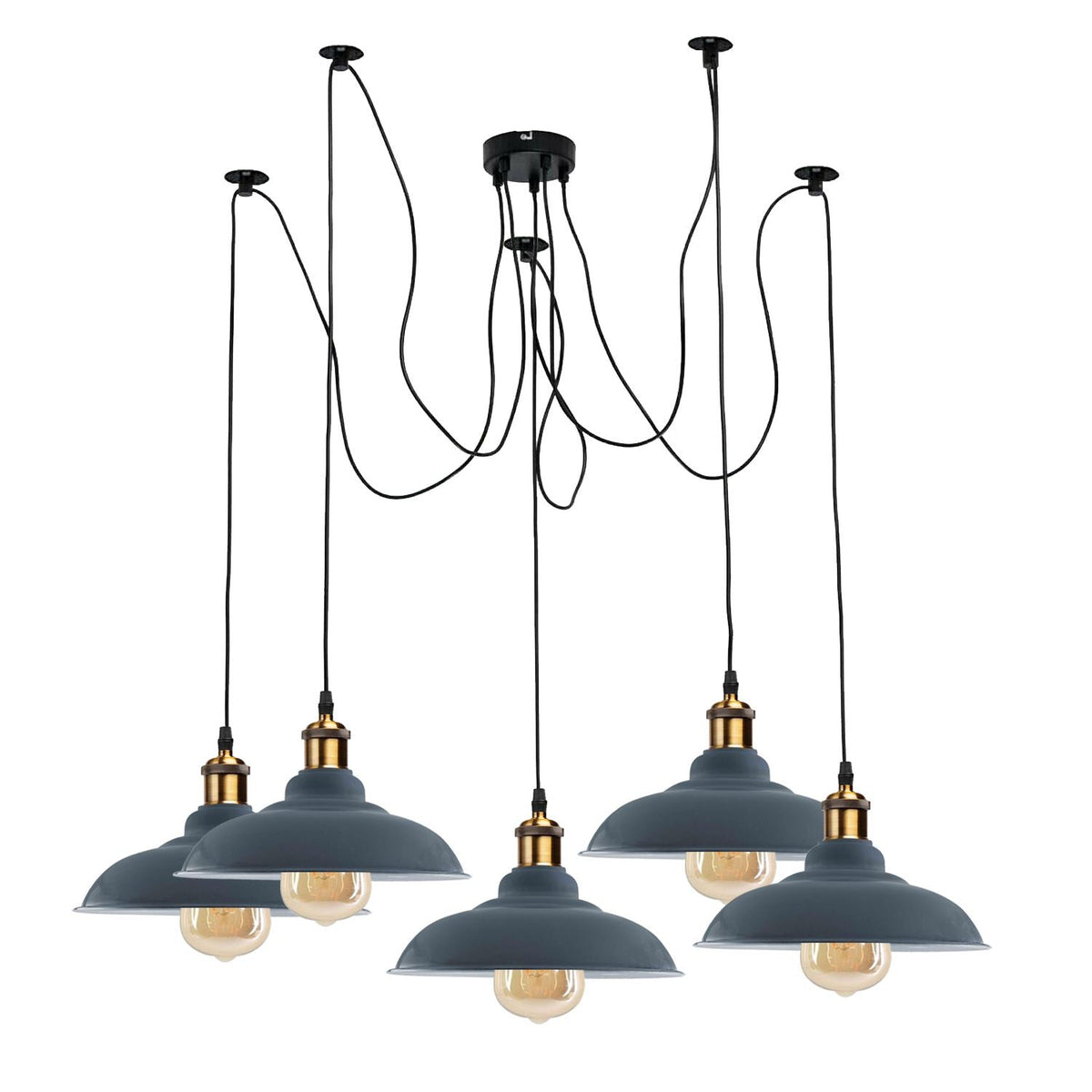 5-Light Spider Pendant – Metal Shades or Cages, Many Colours, E27 - Yellow Brass, Gloss Metal 32 cm Grey, Without Bulb