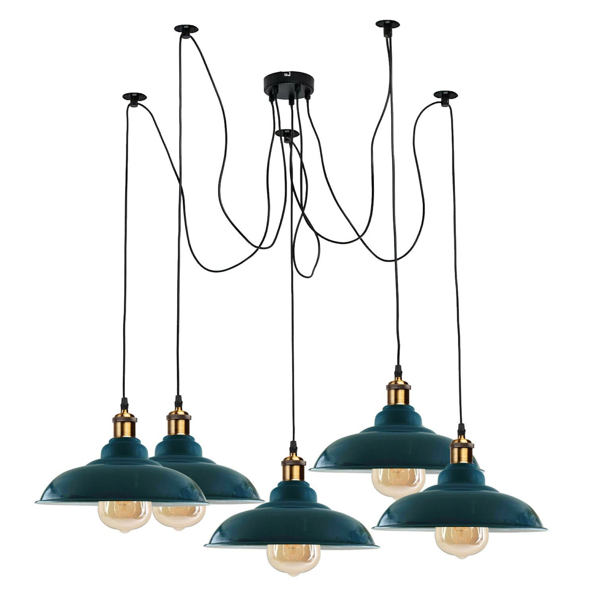 5-Light Spider Pendant – Metal Shades or Cages, Many Colours, E27 - Yellow Brass, Gloss Metal 32 cm CB, Without Bulb