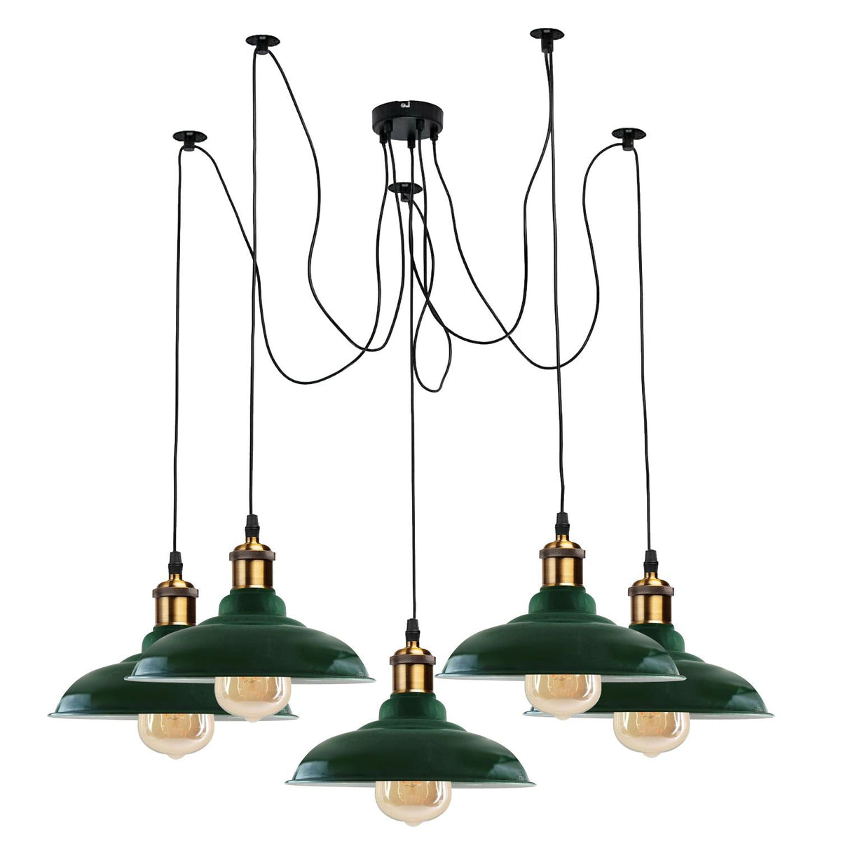 5-Light Spider Pendant – Metal Shades or Cages, Many Colours, E27 - Yellow Brass, Gloss Metal 32 cm Green, Without Bulb