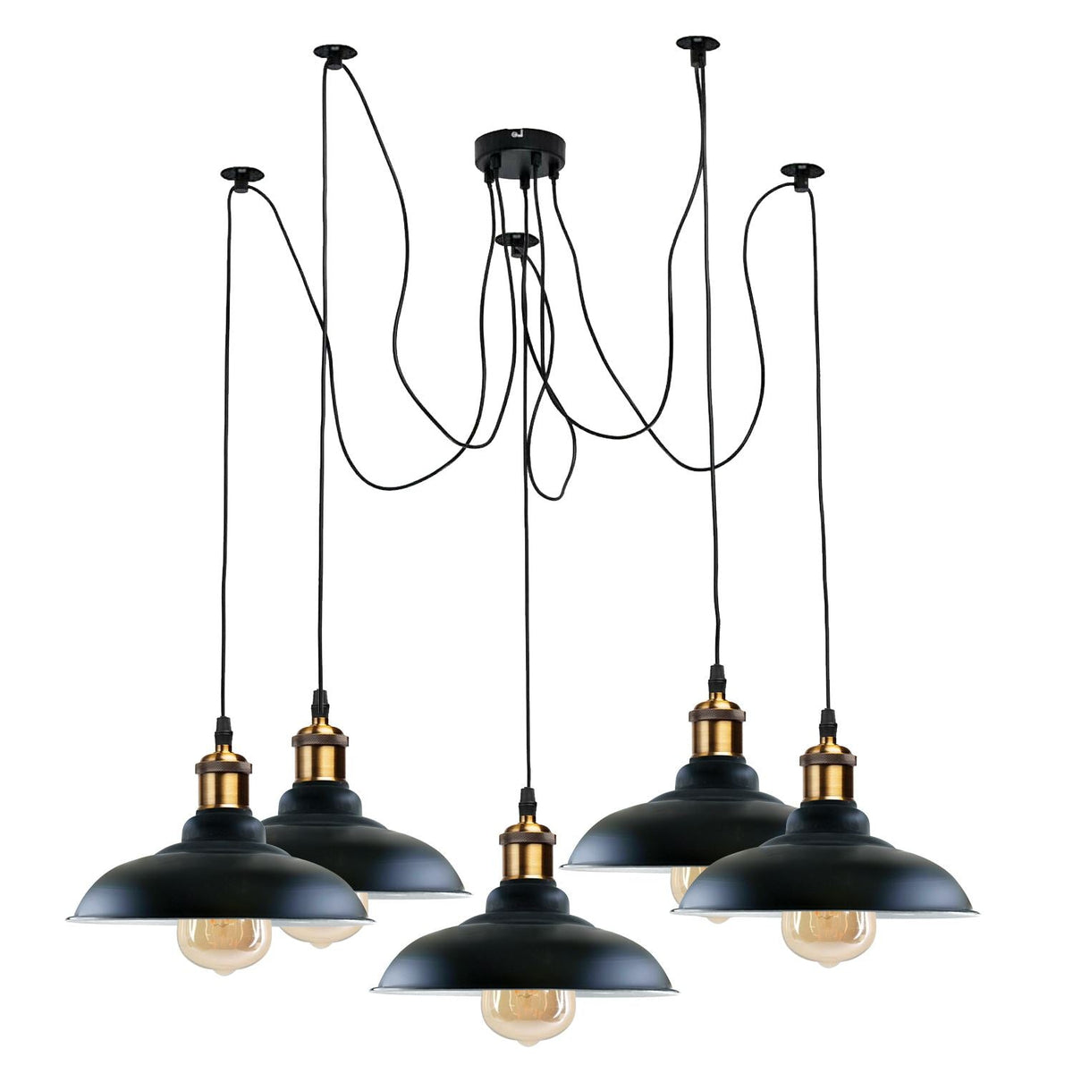5-Light Spider Pendant – Metal Shades or Cages, Many Colours, E27 - Yellow Brass, Gloss Metal 32 cm Black & White Inner, Without Bulb