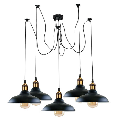 5-Light Spider Pendant – Metal Shades or Cages, Many Colours, E27 - Yellow Brass, Gloss Metal 32 cm Black & White Inner, Without Bulb