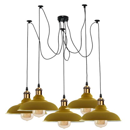 5-Light Spider Pendant – Metal Shades or Cages, Many Colours, E27 - Yellow Brass, Gloss Metal 32 cm Yellow, Without Bulb