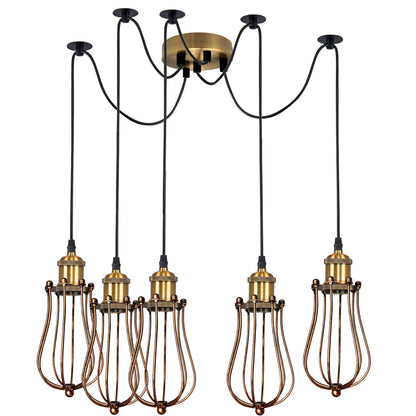 5-Light Spider Pendant – Metal Shades or Cages, Many Colours, E27 - Yellow Brass, Round Cage Brushed Copper, Without Bulb
