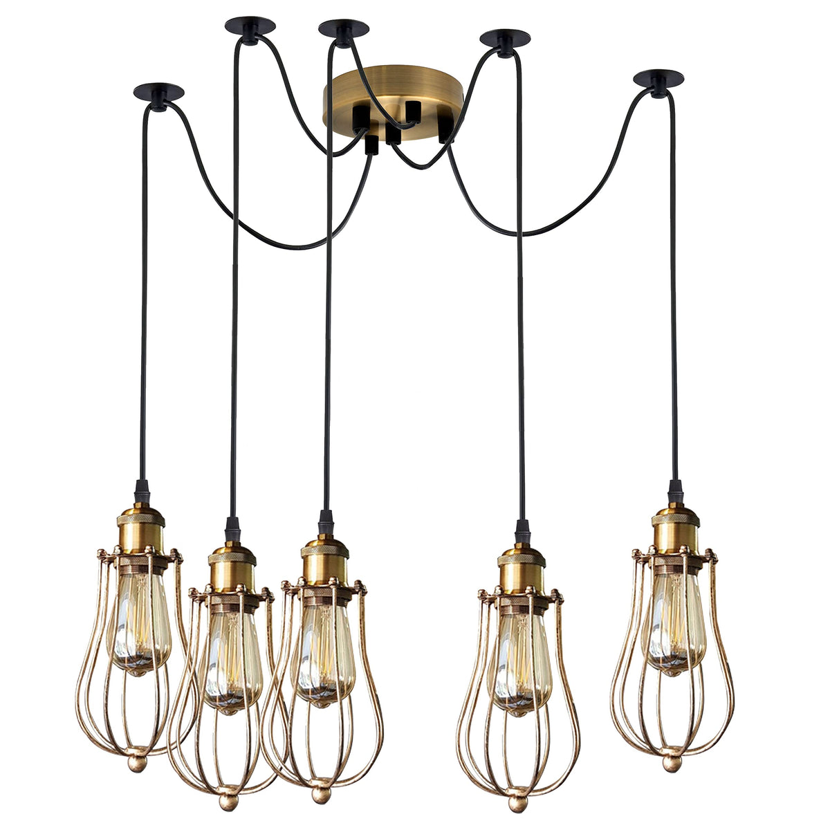 5-Light Spider Pendant – Metal Shades or Cages, Many Colours, E27 - Yellow Brass, Round Cage Brushed Copper, T45 LED Bulb 4W