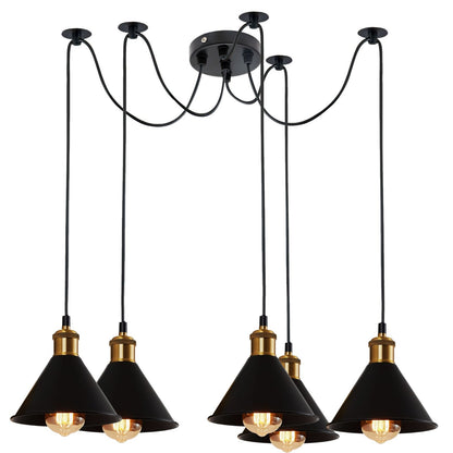 5-Light Spider Pendant – Metal Shades or Cages, Many Colours, E27 - Yellow Brass, Small Cone 18 cm Black, Without Bulb