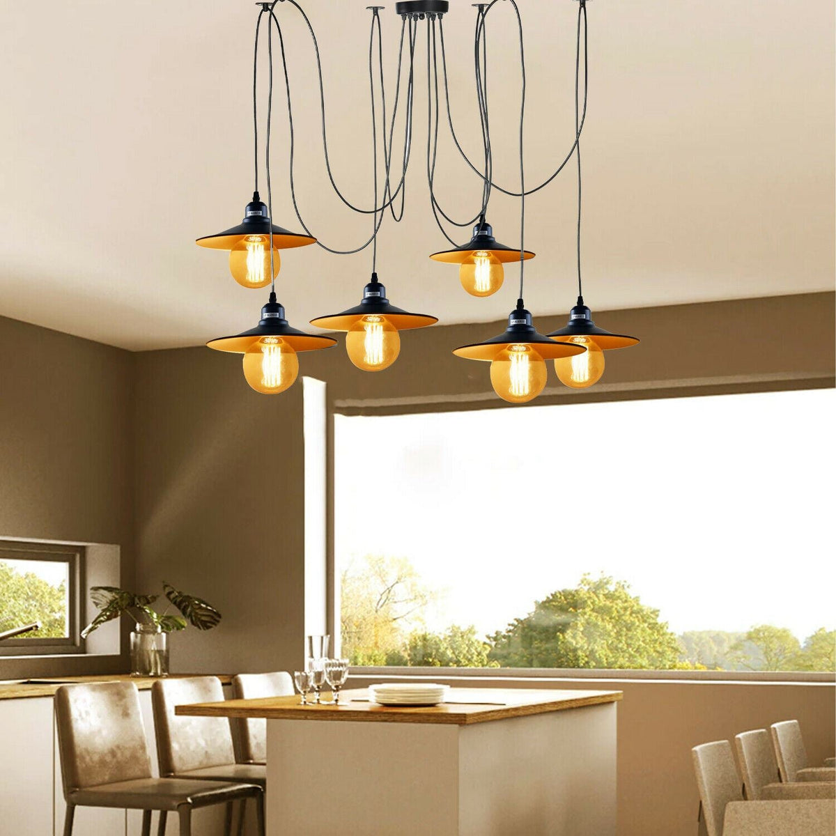 6-Light Spider Pendant – Black & Gold Shades or Cages, E27 - photo 3