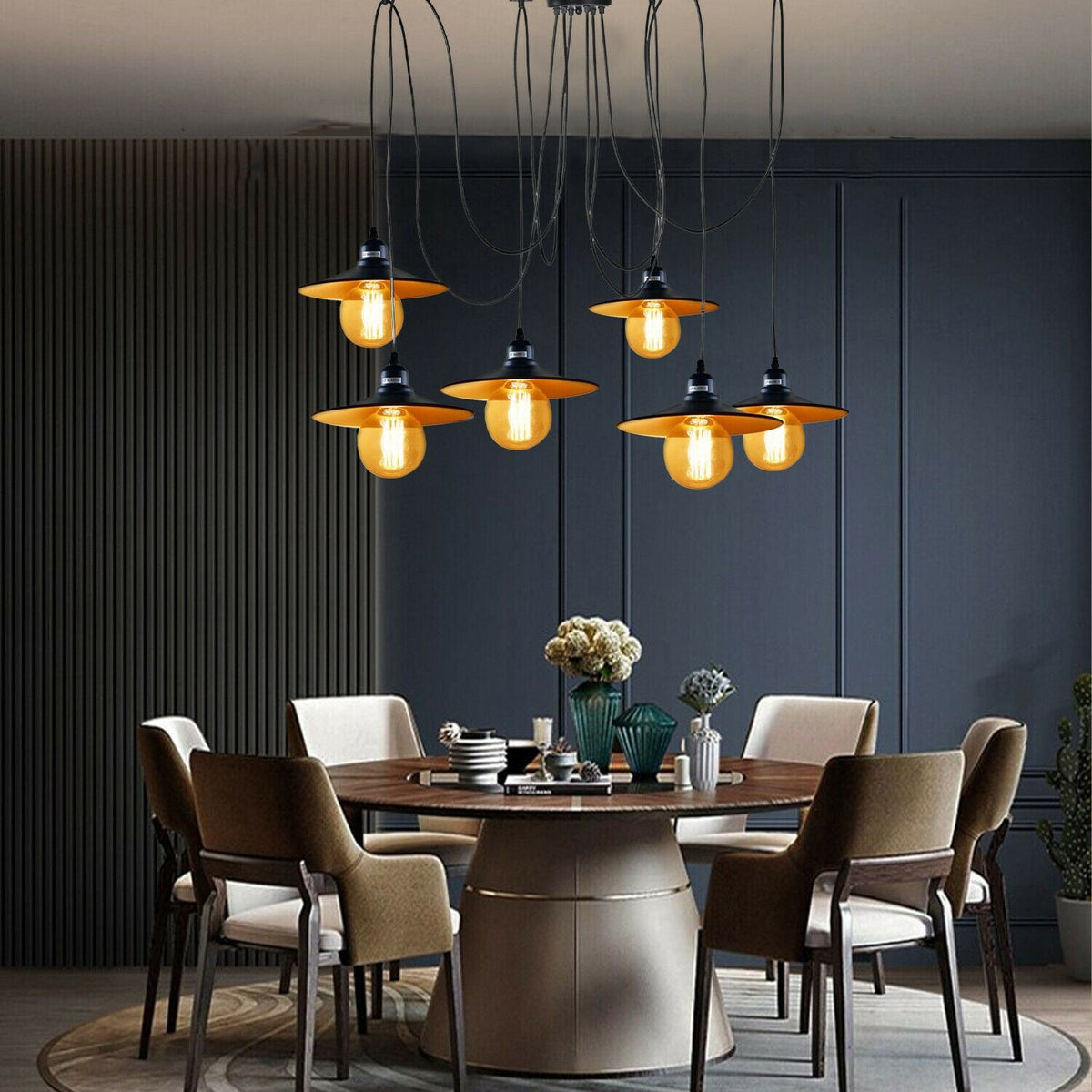 6-Light Spider Pendant – Black & Gold Shades or Cages, E27 - photo 6